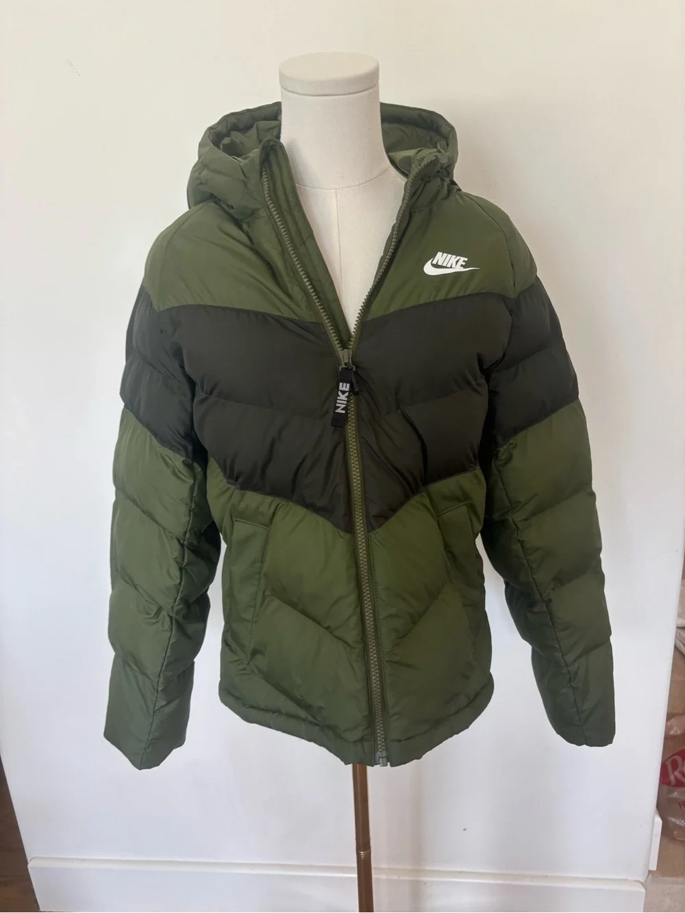 Nike Kids Hooded Puffer Jacket in Olive Green and Black